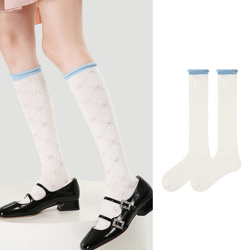 Renaissance original women's socks spring and summer cuffs color matching mid-tube socks diamond mesh breathable solid color calf socks women