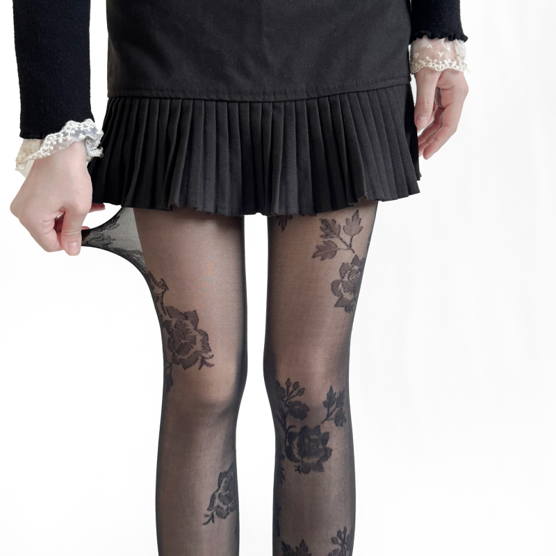 Japanese retro milky white large flower lace thin stockings rose jacquard black slim pure desire bottoming pantyhose - Image 9