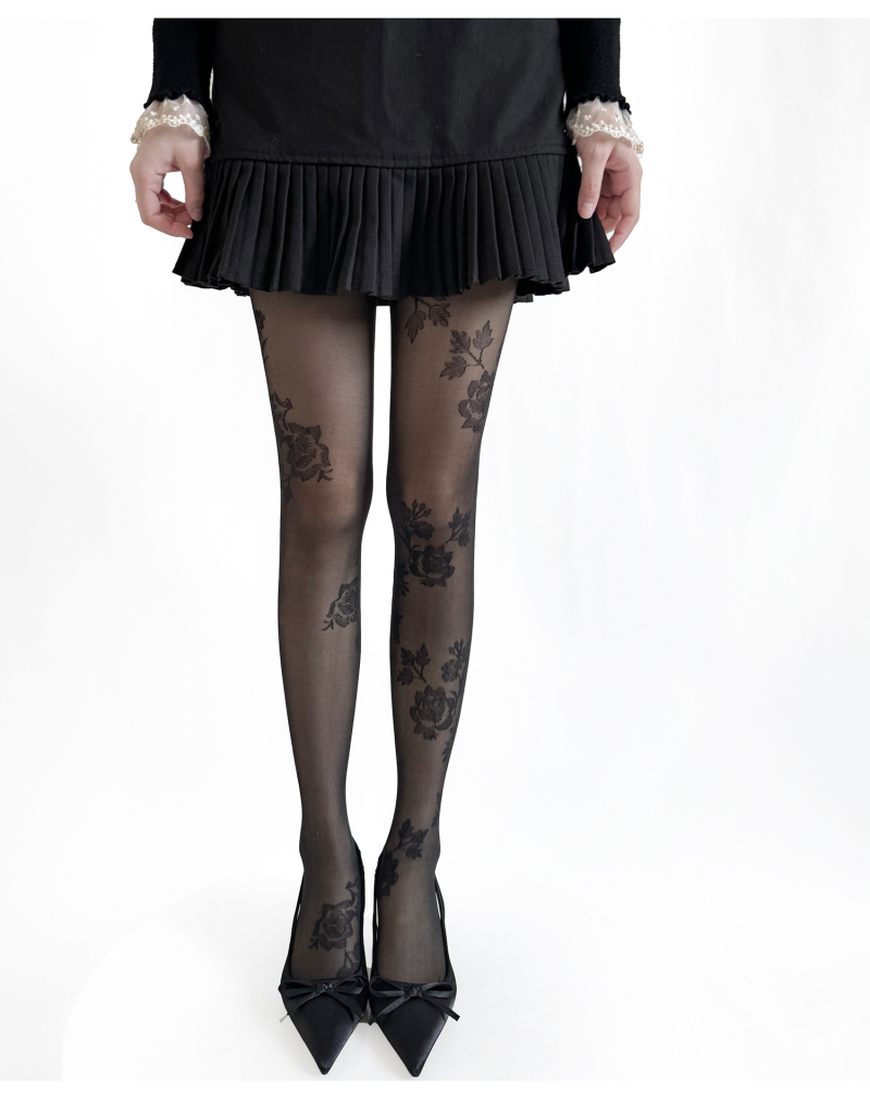 Japanese retro milky white large flower lace thin stockings rose jacquard black slim pure desire bottoming pantyhose - Image 12