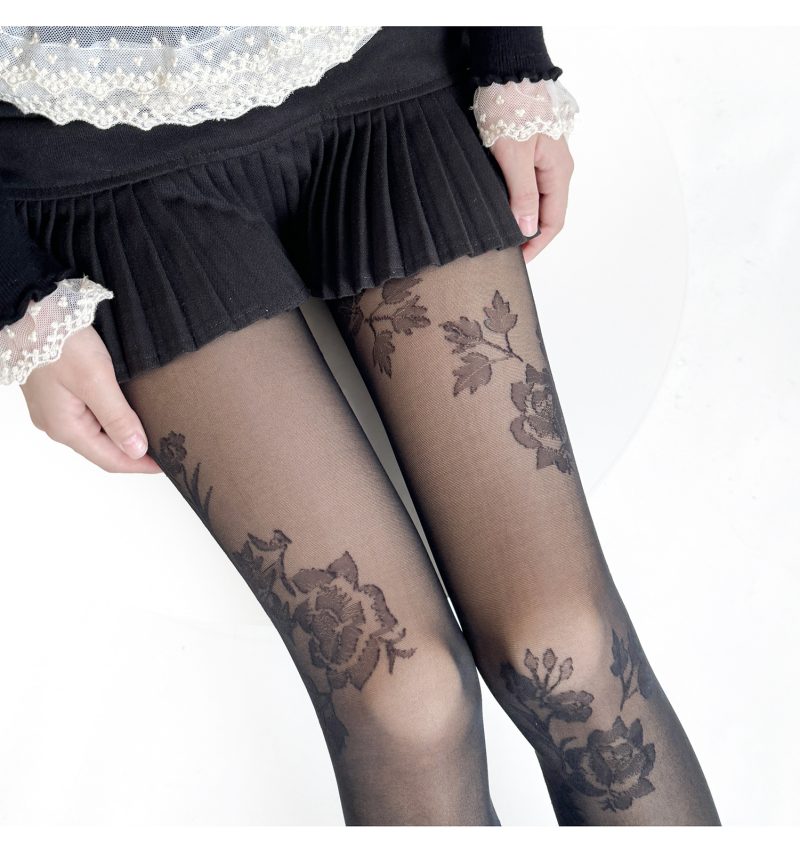 Japanese retro milky white large flower lace thin stockings rose jacquard black slim pure desire bottoming pantyhose - Image 15