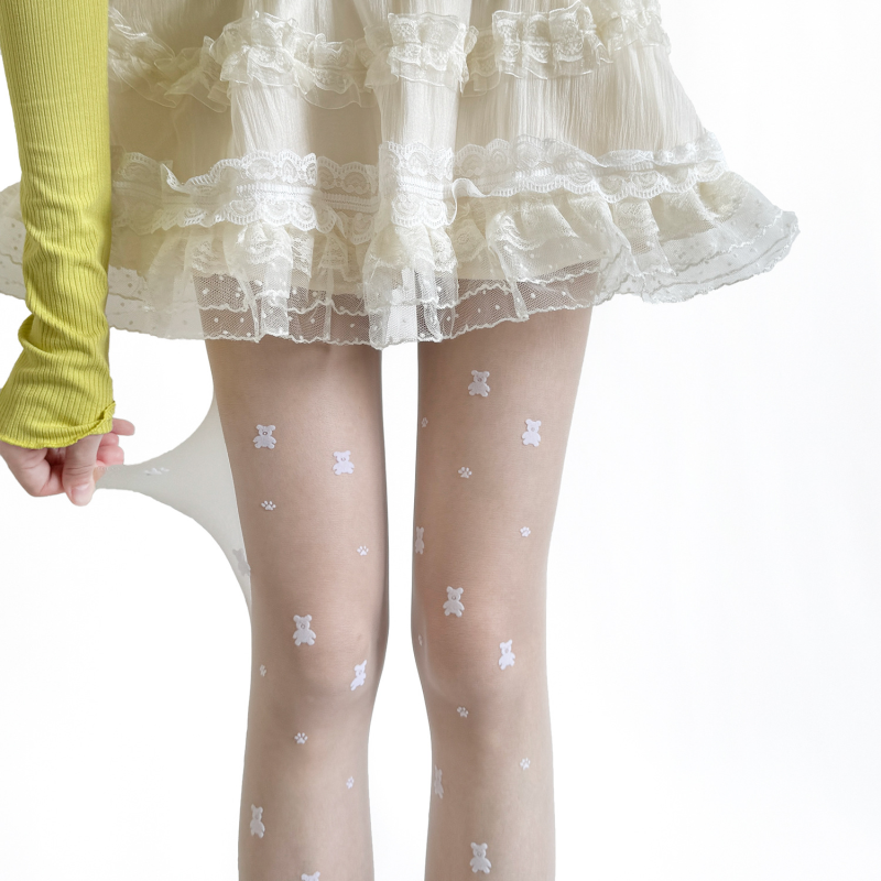 Spring and summer Japanese ins cute style bear three-dimensional flocking core-spun silk ultra-thin transparent stockings JK bottoming pantyhose