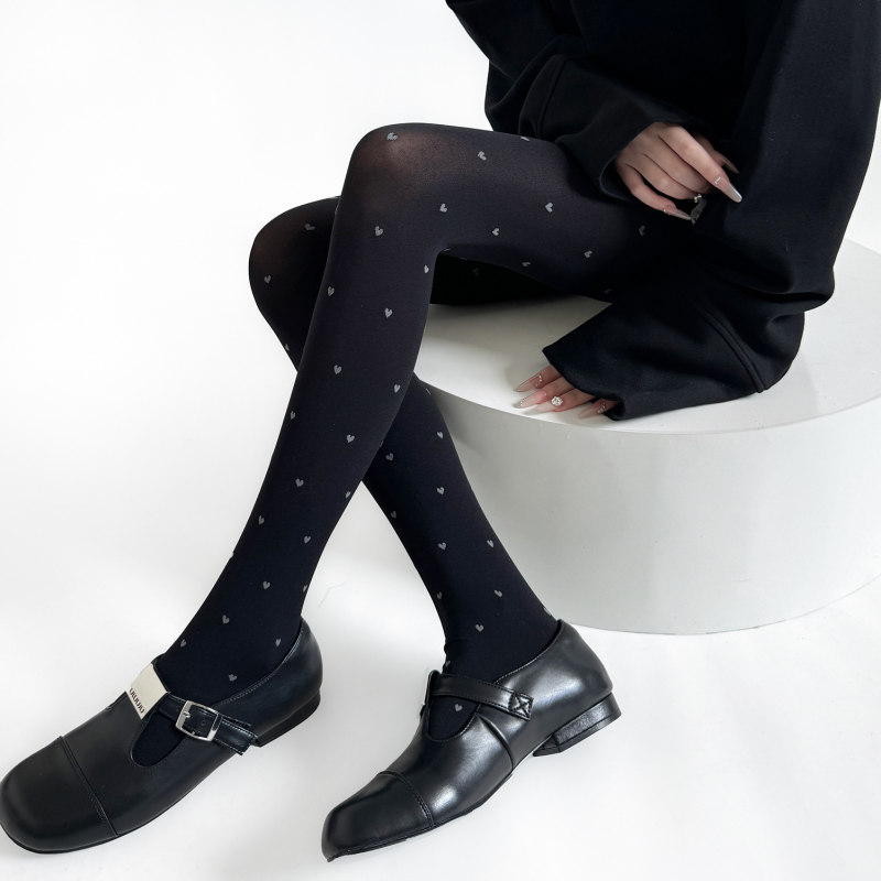 Autumn and winter new love jacquard stockings sweet girl versatile pantyhose milky white slimming linen gray socks black - Image 3