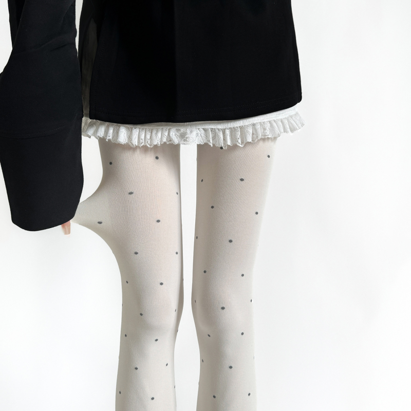 Cream white polka dot thin transparent leggings stockings, spring and autumn sweet outfit, love girl pantyhose, bow socks - Image 4
