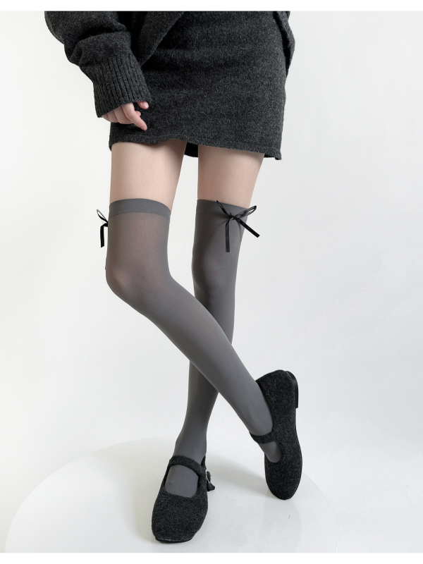 Spring and summer thin velvet high socks for women ballet style sweet bow over the knee socks simple Japanese JK stockings