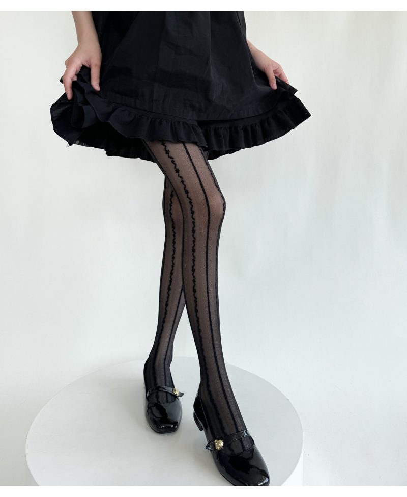 Spring and summer new retro milky white vertical stripes lace bottoming socks for women thin sweet pure slim stockings sexy black - Image 2