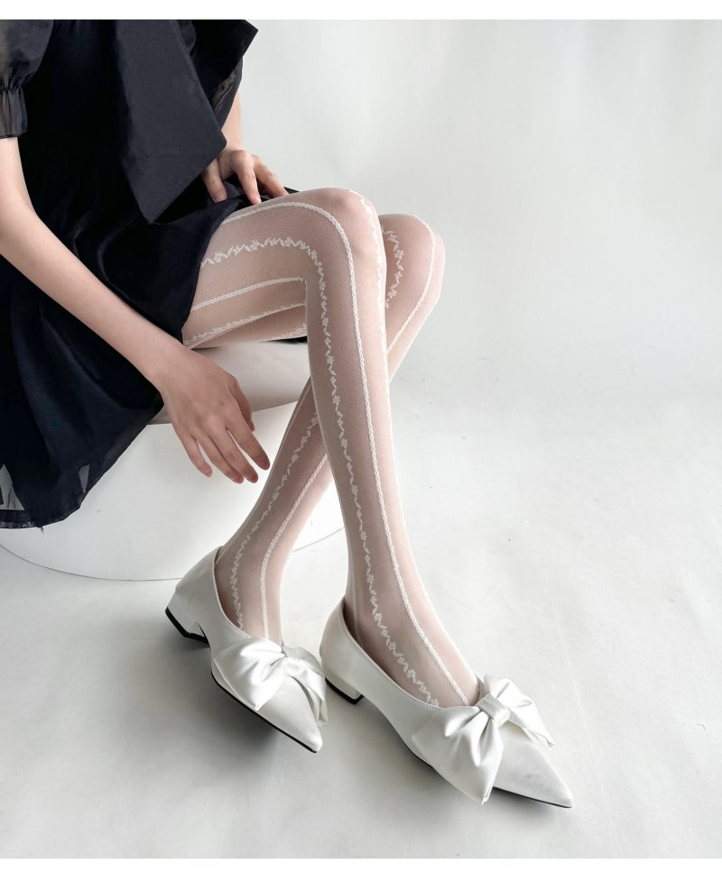 Spring and summer new retro milky white vertical stripes lace bottoming socks for women thin sweet pure slim stockings sexy black - Image 14