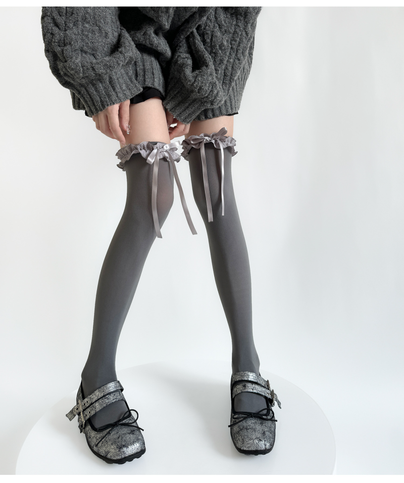 lolita milky white over-the-knee socks for women velvet sweet lace bow lace stockings gray calf socks