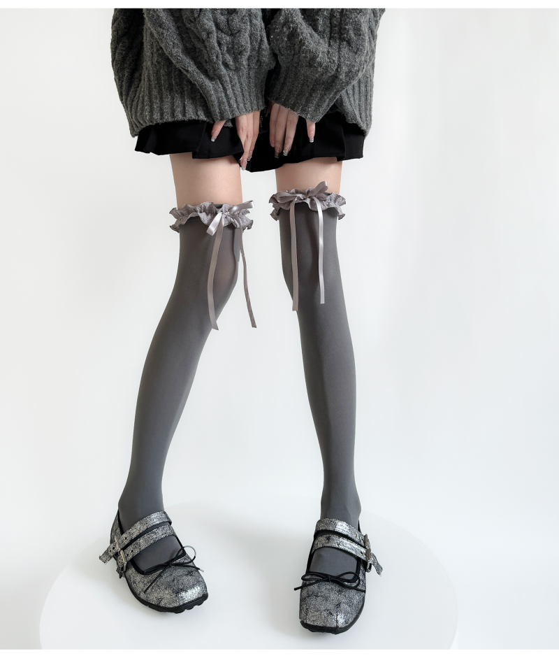 lolita milky white over-the-knee socks for women velvet sweet lace bow lace stockings gray calf socks - Image 4