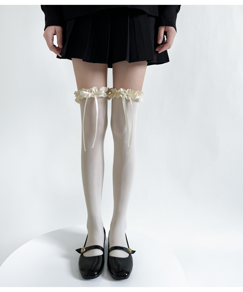 lolita milky white over-the-knee socks for women velvet sweet lace bow lace stockings gray calf socks - Image 8