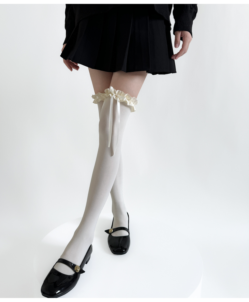 lolita milky white over-the-knee socks for women velvet sweet lace bow lace stockings gray calf socks - Image 9
