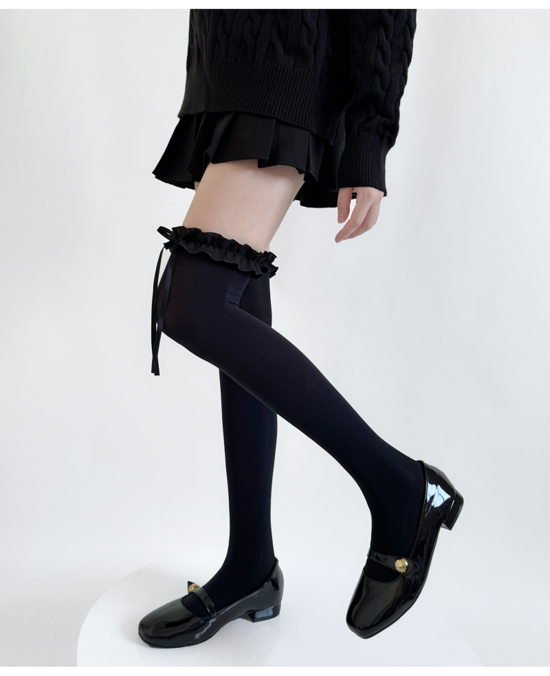 lolita milky white over-the-knee socks for women velvet sweet lace bow lace stockings gray calf socks - Image 11