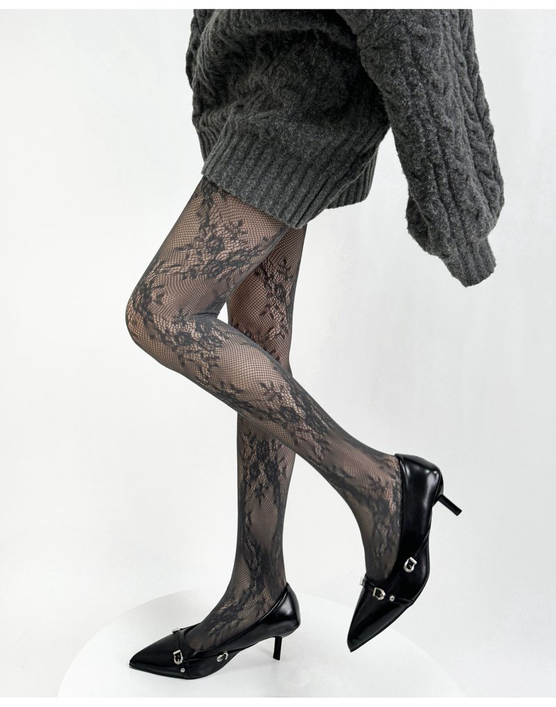 Retro hollow floral lace hot girl jacquard stockings y2k fishnet stockings black sexy anti-snagging base socks for women - Image 3