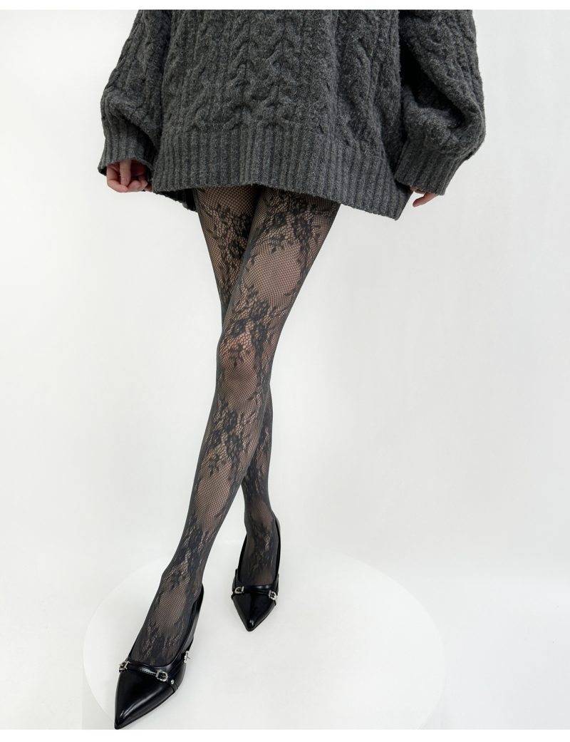 Retro hollow floral lace hot girl jacquard stockings y2k fishnet stockings black sexy anti-snagging base socks for women - Image 4