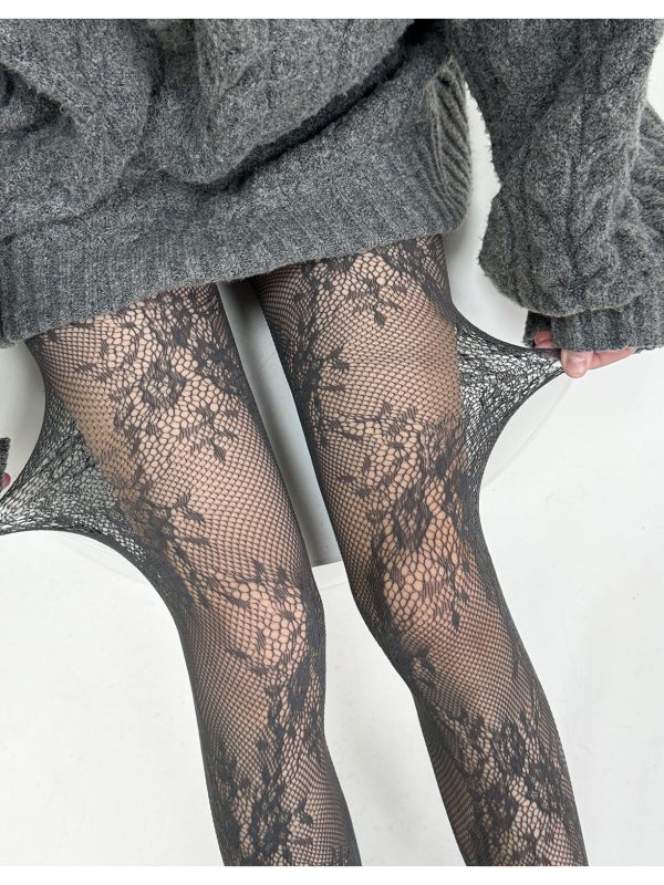 Retro hollow floral lace hot girl jacquard stockings y2k fishnet stockings black sexy anti-snagging base socks for women