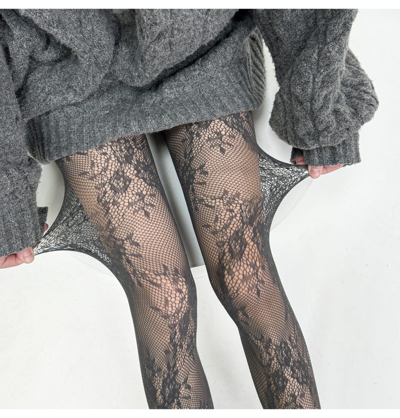 Retro hollow floral lace hot girl jacquard stockings y2k fishnet stockings black sexy anti-snagging base socks for women