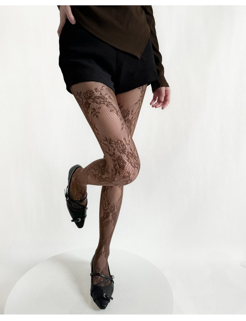 Retro hollow floral lace hot girl jacquard stockings y2k fishnet stockings black sexy anti-snagging base socks for women - Image 9