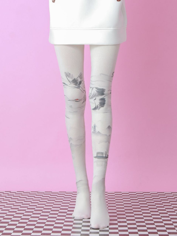 Chinese ink crane print pantyhose