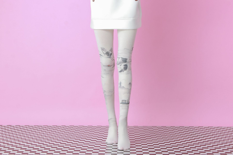 Chinese ink crane print pantyhose