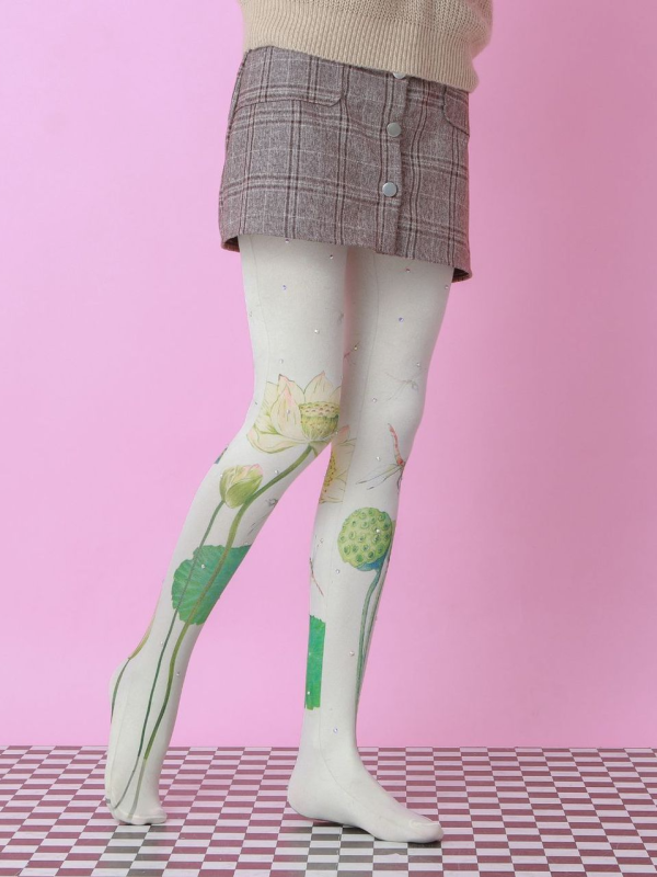 Lotus dragonfly colored diamond print pantyhose