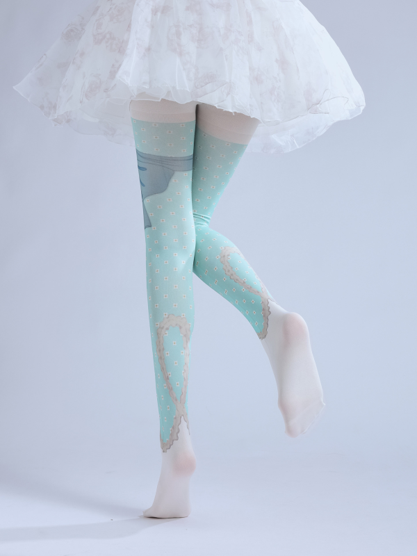 Lolita polka dot Japanese print bow thigh pantyhose COS foot-length bottoming socks blue sweetheart socks
