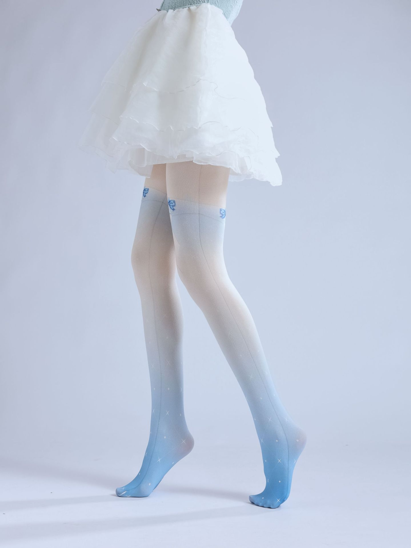 Gradient blue print pantyhose bow JK with base socks Japanese loli girl socks cute socks - Image 9