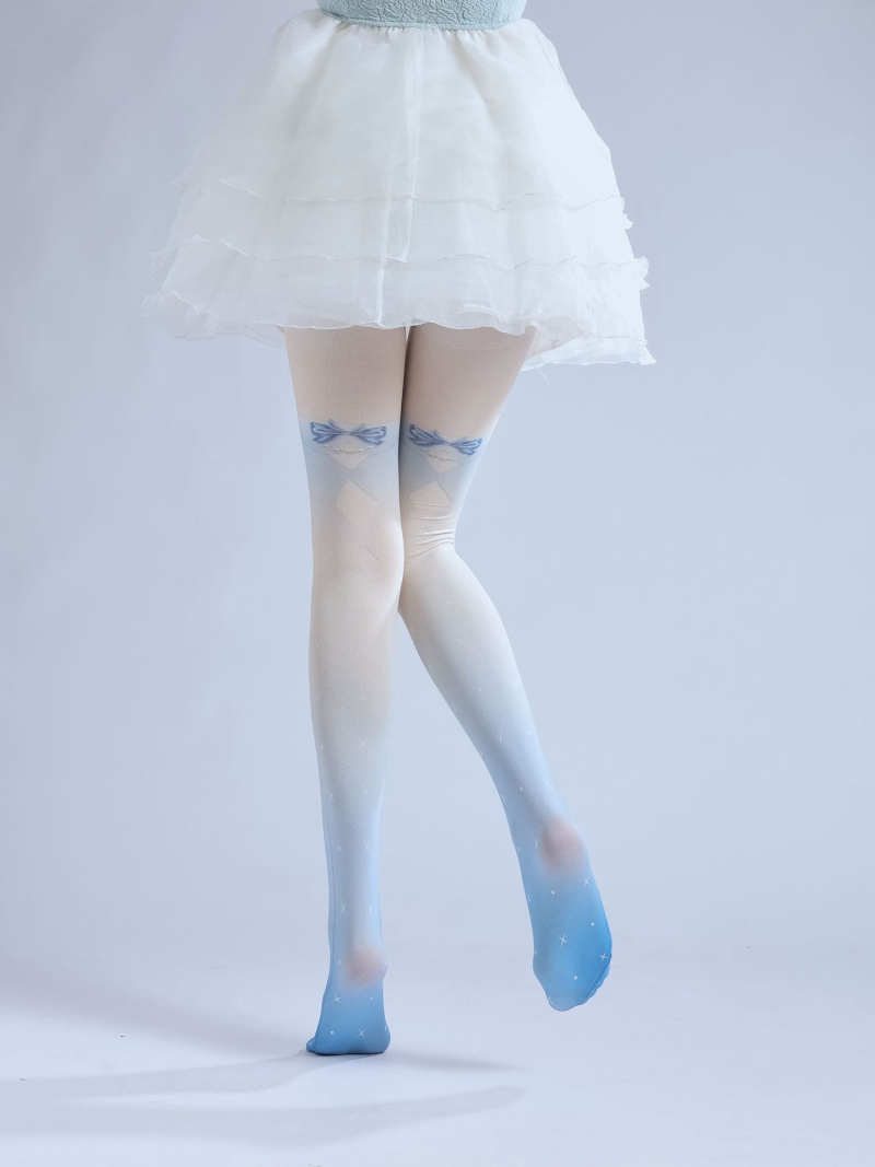 Gradient blue print pantyhose bow JK with base socks Japanese loli girl socks cute socks - Image 10