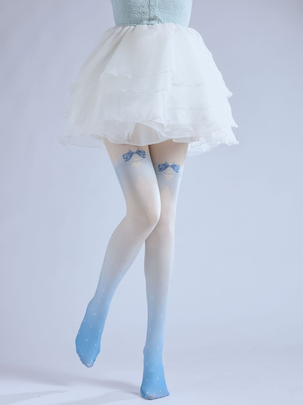 Gradient blue print pantyhose bow JK with base socks Japanese loli girl socks cute socks
