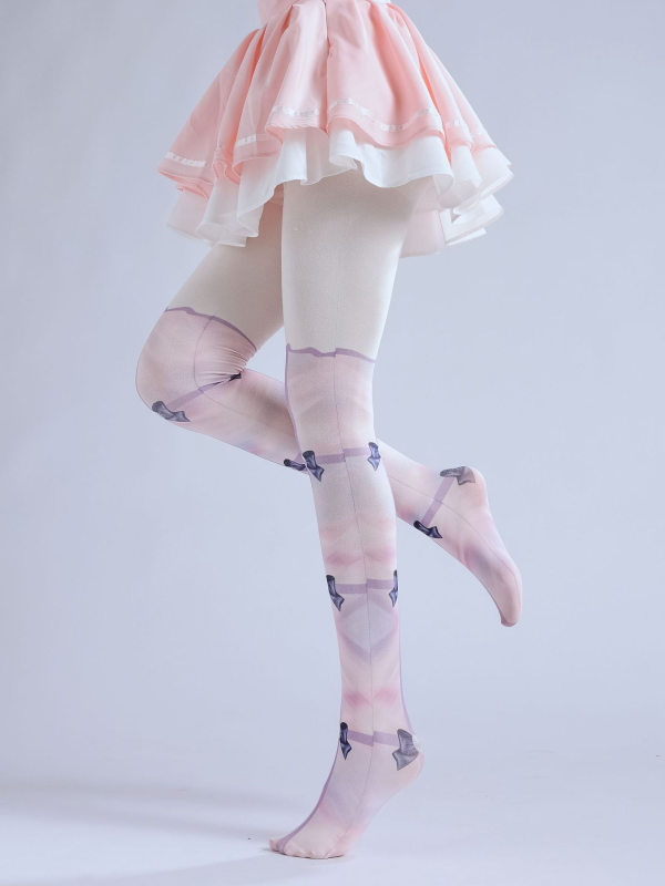 Lolita fake two-piece print pantyhose bow fake high base socks cute pink cos pantyhose