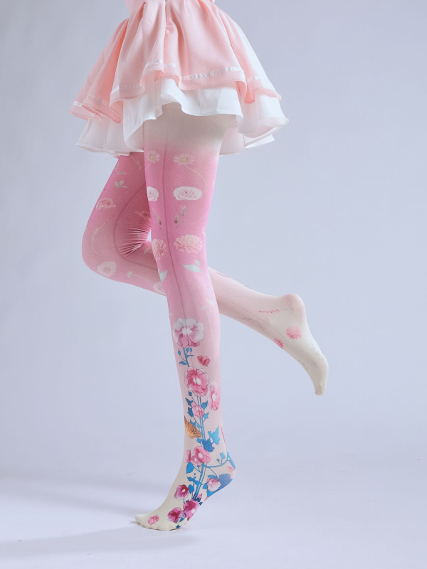Cute fan series print pantyhose 2D flower lolita bottoming socks COS sweet pattern pantyhose
