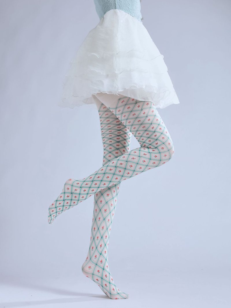 Floral plaid print pantyhose with 2D bottoming socks JK clothing stockings Lolita dress pantyhose