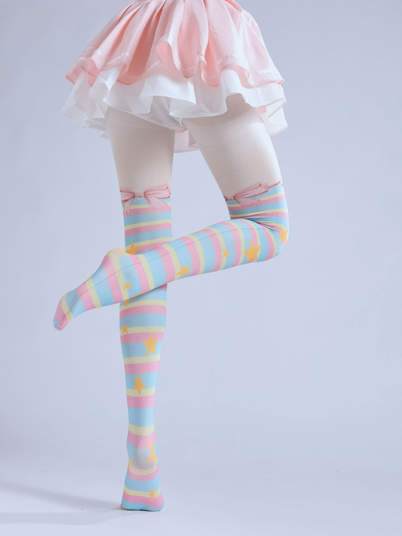 Lolita bow print socks Subculture color strip COS socks Star 2D bottoming socks Rainbow color socks - Image 6