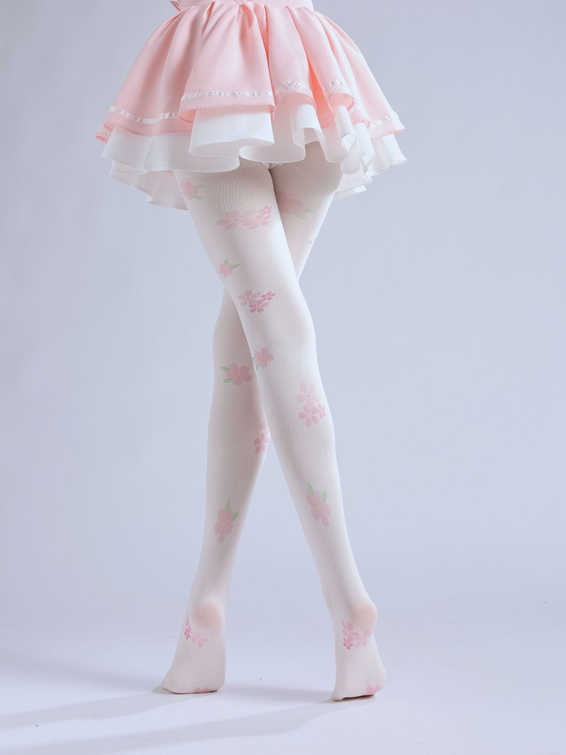 Fine grid pattern print pantyhose Sweet cherry blossom bottoming socks Two-dimensional loli cute girl stockings - Image 7