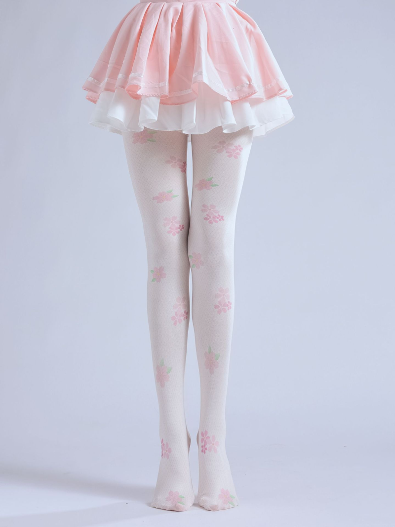 Fine grid pattern print pantyhose Sweet cherry blossom bottoming socks Two-dimensional loli cute girl stockings - Image 9