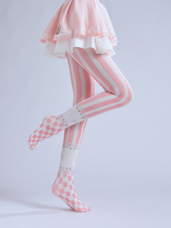 Vertical stripe print pantyhose Plaid pattern bottoming socks cos matching stockings pink loli socks
