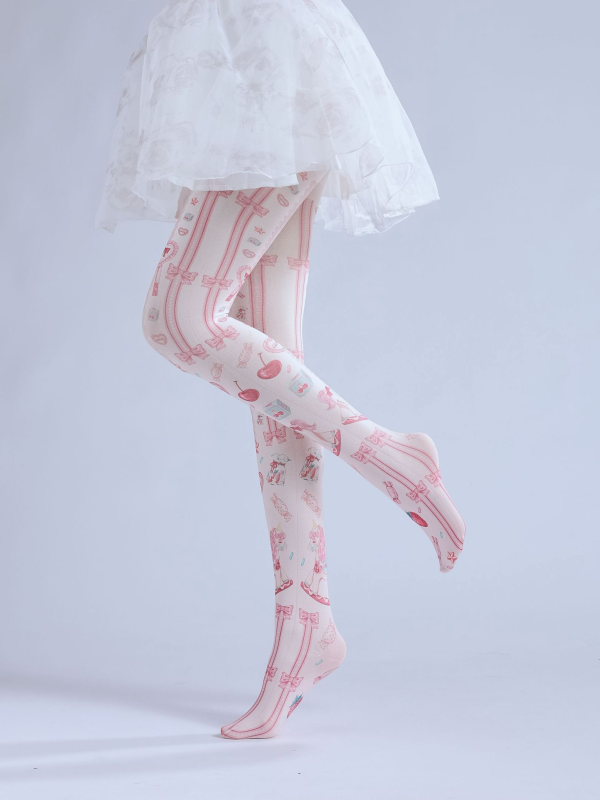 Pink sweet girl cartoon element bow print pantyhose cherry strawberry cute bottoming socks