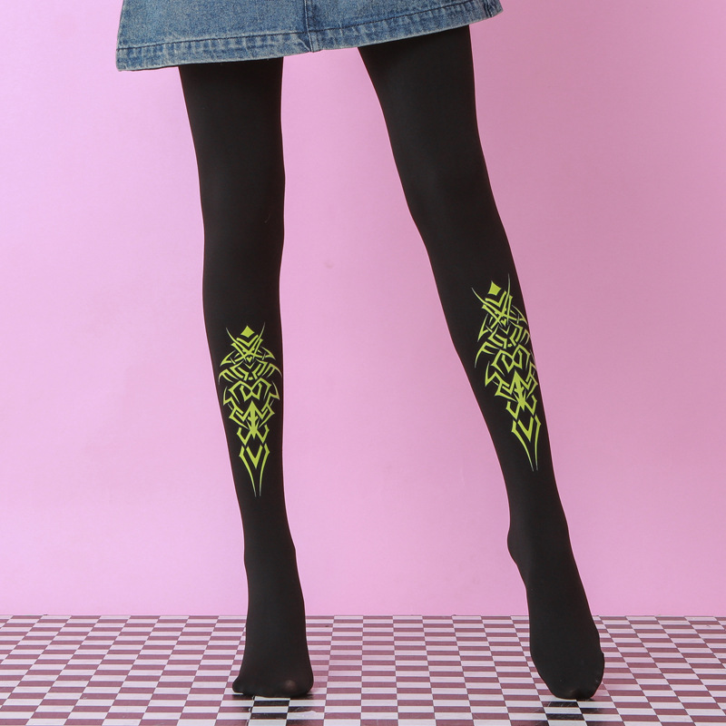 Fluorescent Green Totem Tights - Patterned Black Autumn Legwear - Image 2