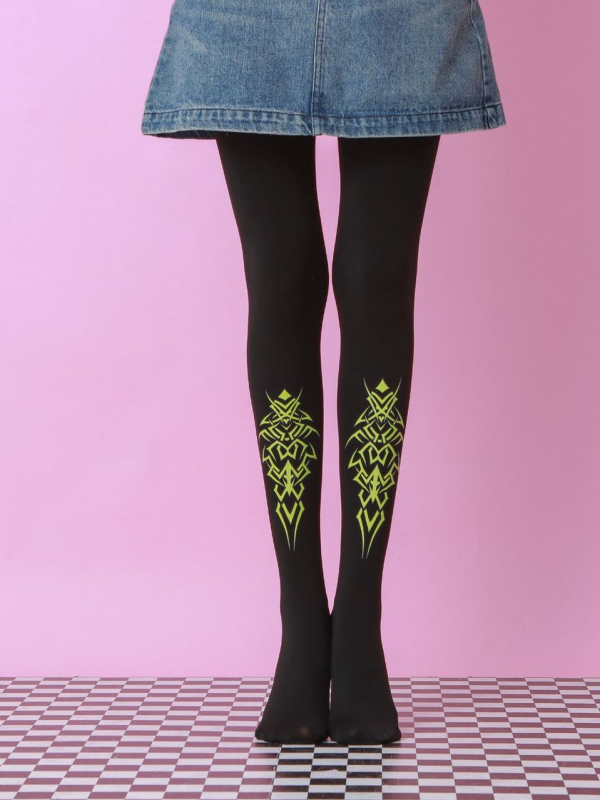 Totem personality tights fluorescent green pattern black autumn tights