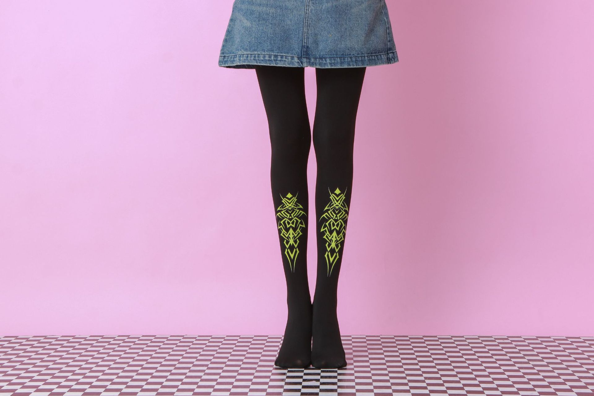 Fluorescent Green Totem Tights - Patterned Black Autumn Legwear