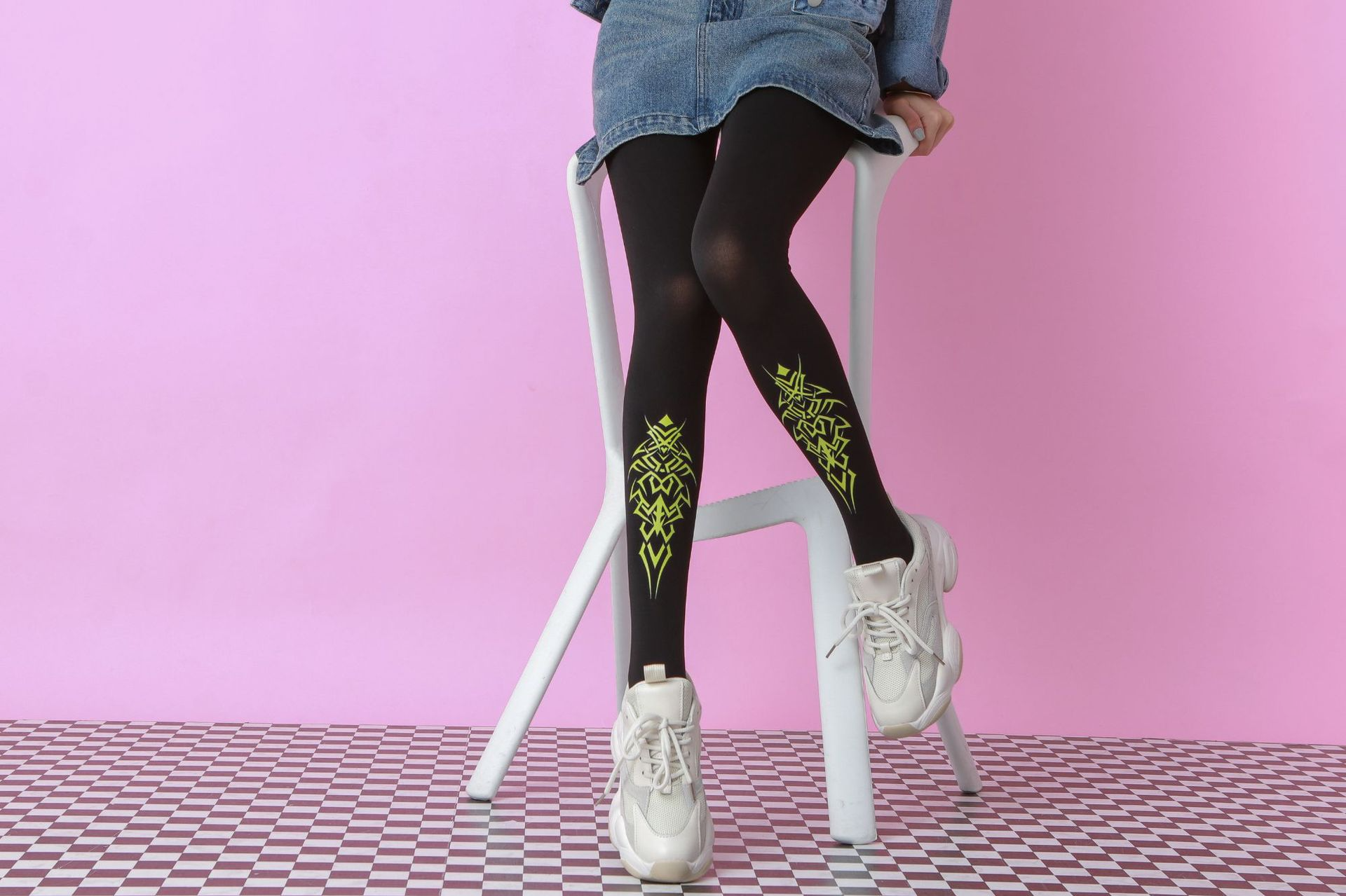 Fluorescent Green Totem Tights - Patterned Black Autumn Legwear - Image 4