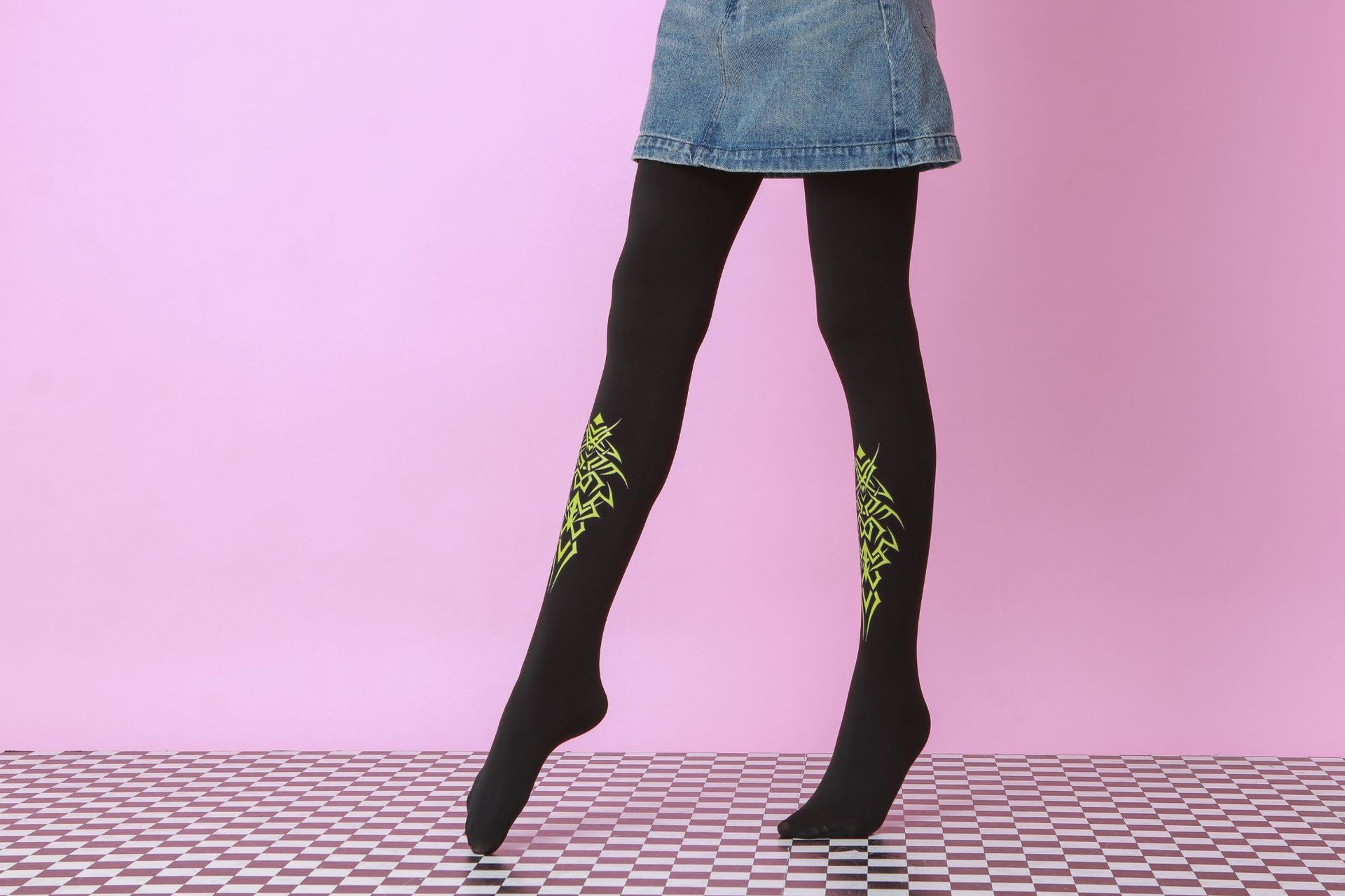 Fluorescent Green Totem Tights - Patterned Black Autumn Legwear - Image 5