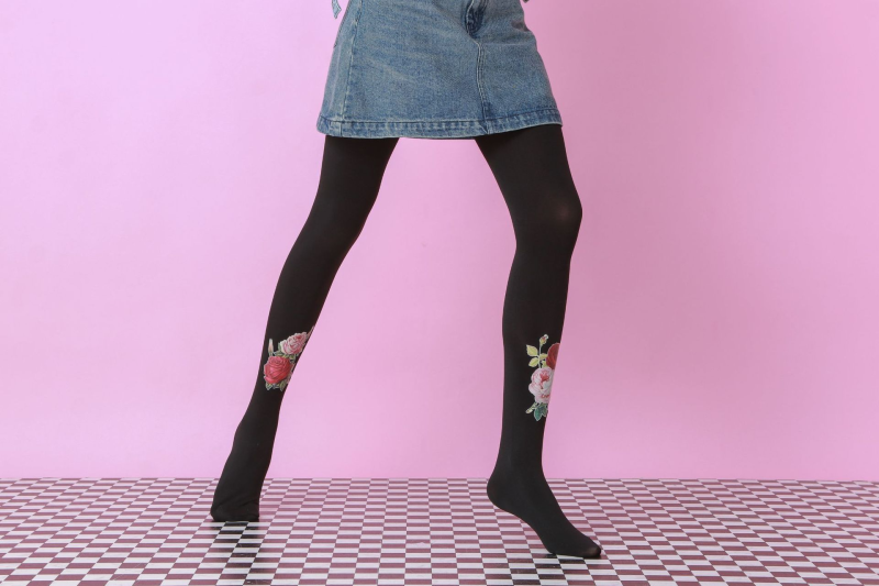 Rose flower pattern tights hand-painted pattern black tights - Image 3