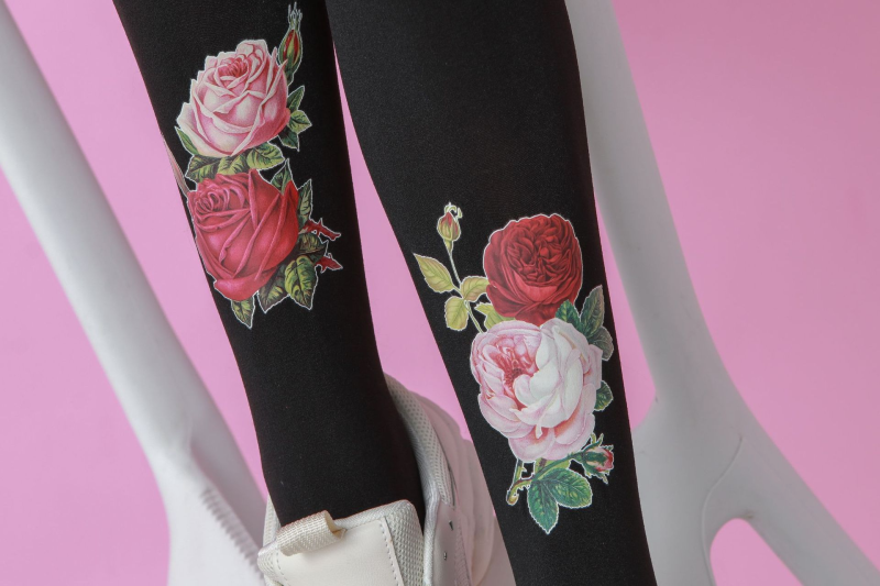Rose flower pattern tights hand-painted pattern black tights - Image 5