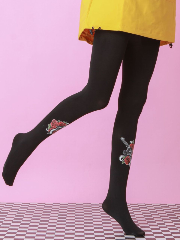 Pistol rose pattern tights Black bottoming socks