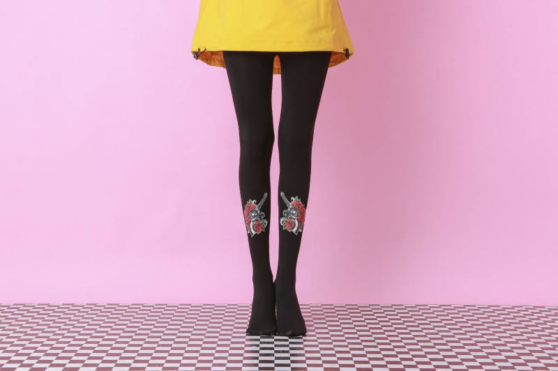 Pistol rose pattern tights Black bottoming socks - Image 5