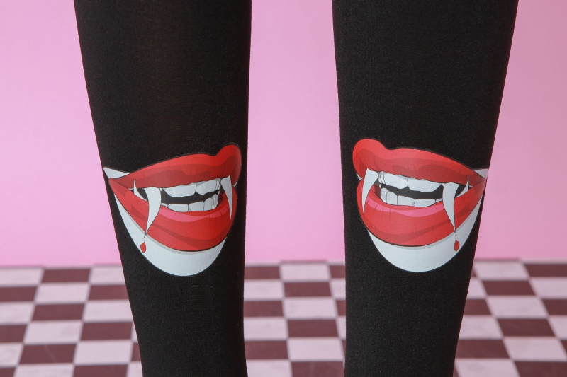 Red lips and sharp teeth pattern tights Black spring and autumn personality pattern tights - Image 6