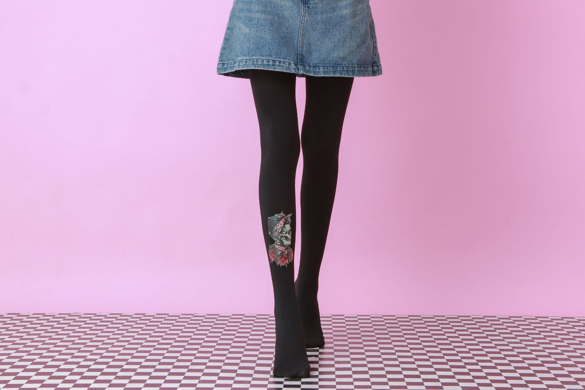 Skull Flower Tights: Gothic Floral Pattern Leggings for Women - Image 3