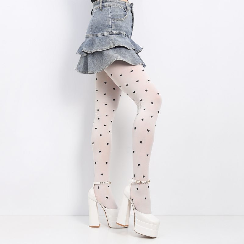 Fashion sweet bare leg artifact print black heart white skin color base pantyhose anti-stripping silk arbitrary cut black silk beautiful legs - Image 4