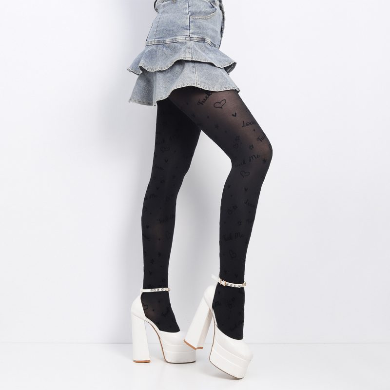 Spring and autumn fashion letters peach heart star full body printed flocking bottoming pantyhose black ladies stockings - Image 4
