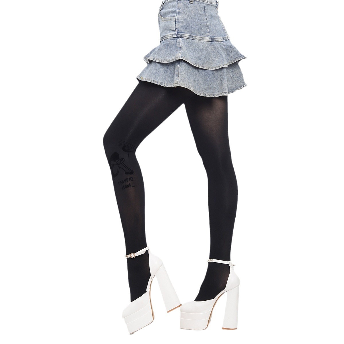 Flocked Print Pantyhose: Black Bottoming Stockings for Girls - Image 6