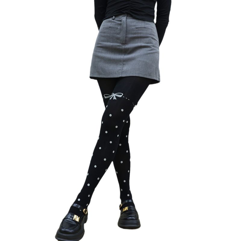 Black silk bow stockings, polka dot ins trendy socks for women, European and American personality, spring and autumn style, printed, internet celebrity sexy rompers - Image 6